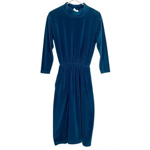 Vintage 90s Dress LL Bean Size Small Velour Mockneck Midi  Womens Teal Blue